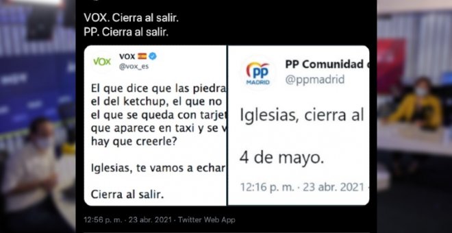 El PP publica y luego borra un tuit (muy similar a otro de Vox) en el que decía a Iglesias: "Cierre al salir"