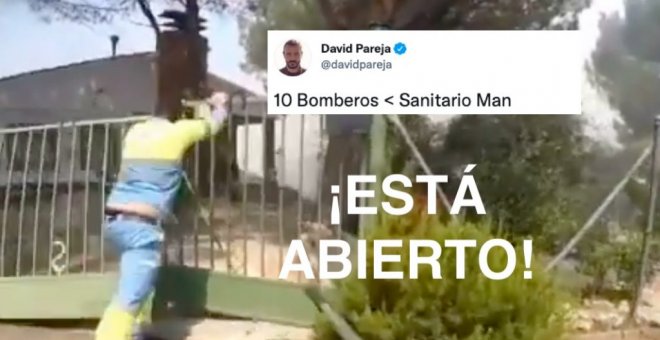 El sanitario que enamora a Twitter por ayudar a los bomberos forestales a cruzar una verja: ¡ESTÁ ABIERTO!