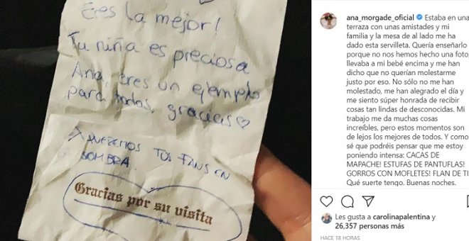 Ana Morgade muestra el amoroso mensaje que una fan el dejó en una servilleta y consigue miles de 'likes'