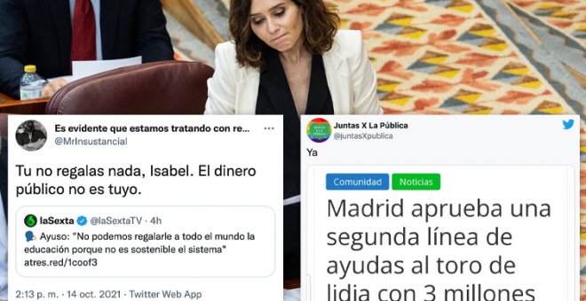 Ayuso dice que no es sostenible "regalarle a todo el mundo la educación" y los tuiteros responden: "El chiringuito de Toni Cantó sí es sostenible"