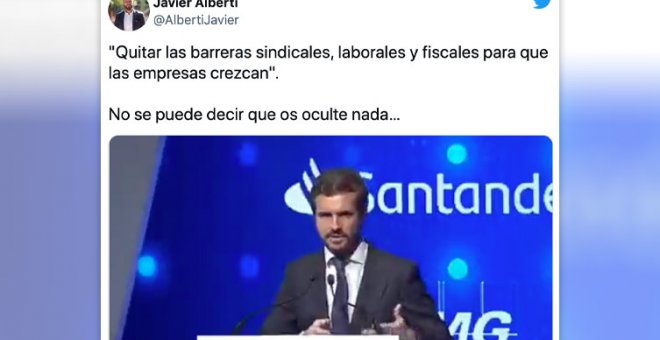 "Invotable para cualquiera que viva de una salario": los tuiteros retratan a Casado y su discurso sobre quitar "barreras sindicales"