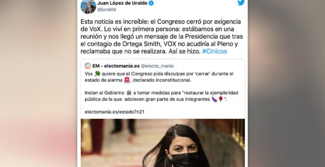 "Que no vengan ahora con milongas": Uralde muestra el cinismo de Vox con el cierre del Congreso por la pandemia