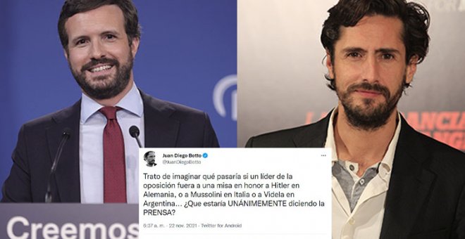 Juan Diego Botto da una lección a la prensa de derechas por justificar la presencia de Casado en la misa por Franco