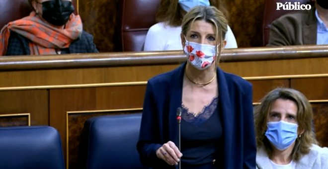 Yolanda Díaz, a Macarena Olona (Vox): "Sabe perfectamente la importancia de los sindicatos de clase y por eso los combaten"