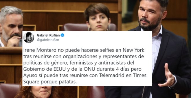 La comparación de Gabriel Rufián sobre el viaje de Irene Montero a Estados Unidos y el de Isabel Díaz Ayuso