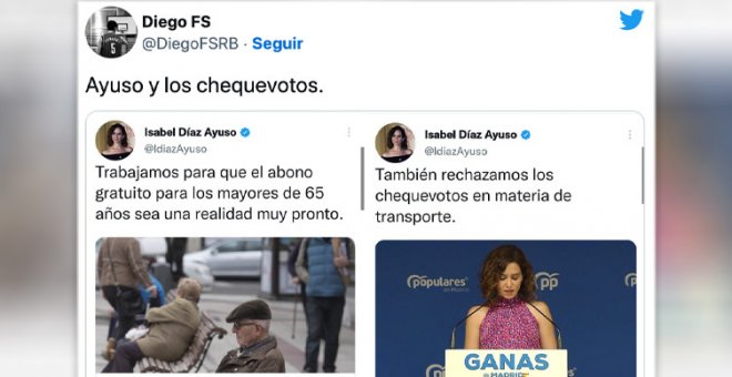 Ayuso vuelve a llamar "chequevotos" a los trenes de Cercanías gratis y los tuiteros le recuerdan los suyos