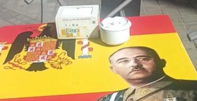 Un bar saca mesas a la calle con la cara del dictador Franco ante la pasividad del Ayuntamiento de Madrid