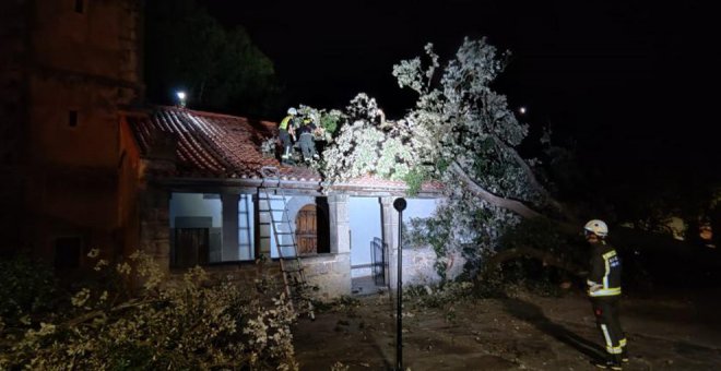 Cae un árbol sobre el tejado de la iglesia de Bustablado