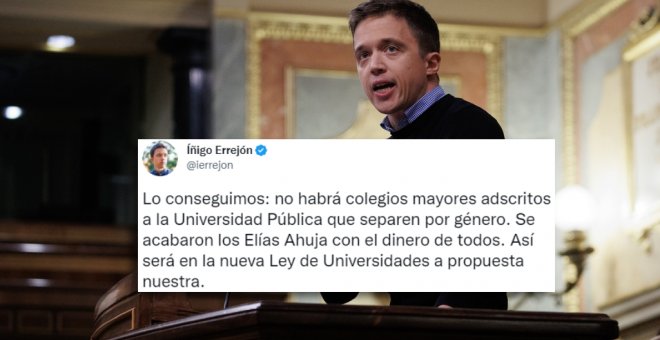 Errejón celebra el fin de la segregación por sexo en los colegios mayores adscritos a centros públicos: "Se acabaron los Elías Ahuja con el dinero de todos"