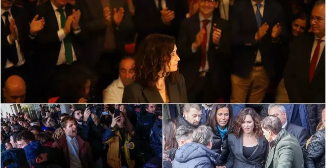 Dos mundos en la Complutense: señores con corbata aplauden a Ayuso mientras los estudiantes claman contra el fascismo