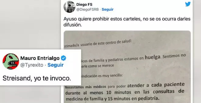 Los carteles que Ayuso ha vetado en los centros de salud, compartidos en las redes: "Streisand, yo te invoco"