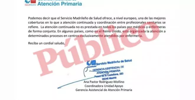 El Gobierno de Ayuso responde a la falta de médicos: en Reino Unido hay "centros atendidos exclusivamente por enfermería"