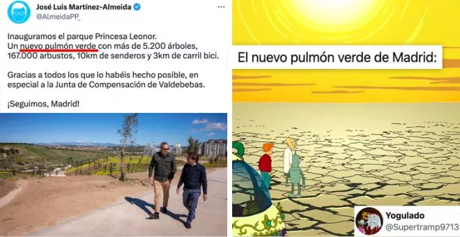 Despiporre por el "pulmón verde" inaugurado por Almeida: "La única sombra es la que hacen los dos de la foto"