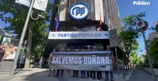 Vídeo | Ecologistas protestan frente a la sede del PP para denunciar las "nefastas" políticas en Doñana