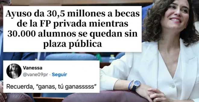 Críticas por los 30,5 millones de Ayuso a becas de la FP privada: "Plantita al balcón y solucionado"