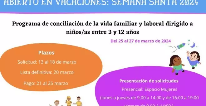 Abierto el plazo del programa de conciliación 'Abierto en vacaciones' para la Semana Santa