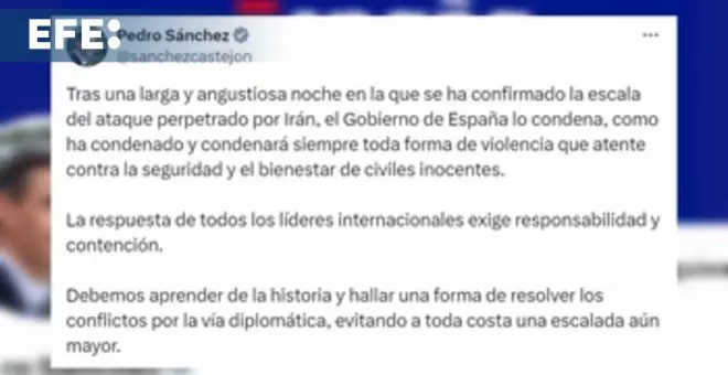 Sánchez condena el ataque de Irán a Israel y reclama "contención" para evitar una escalada