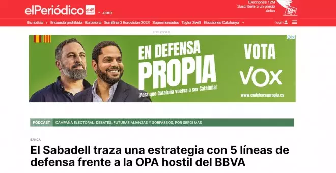 Queixes a la redacció d''El Periódico' per la publicació d'un anunci de Vox a la portada