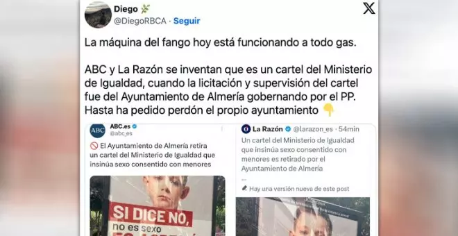 "La máquina del fango, a todo gas": el cartel de Almería o cuando hasta un error del PP sirve a la 'fachasfera' para cargar contra Igualdad