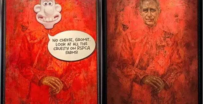 Activistas animalistas le ponen la cara de 'Wallace y Gromit' al retrato oficial del rey Carlos III de Inglaterra