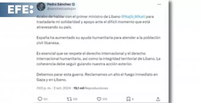 Sánchez traslada su apoyo a su homólogo libanés y pide respeto a la integridad territorial