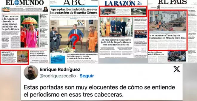 "Sobre las prioridades informativas de unos y otros medios": críticas a las portadas de papel destacando a Begoña Gómez sobre la DANA