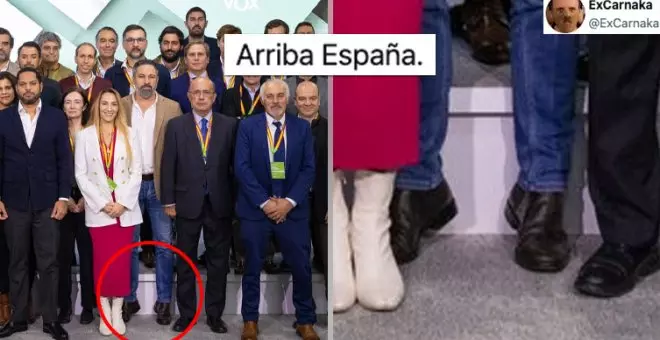 Cachondeo "premium" con la foto de Santiago Abascal de puntillas para parecer más alto: "Arriba España"