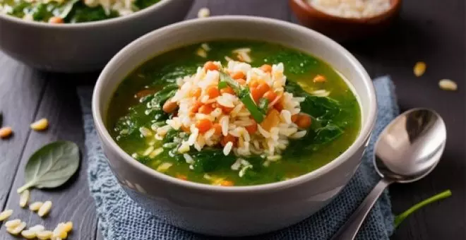 Pato confinado - Receta de sopa de espinacas, lentejas rojas y arroz